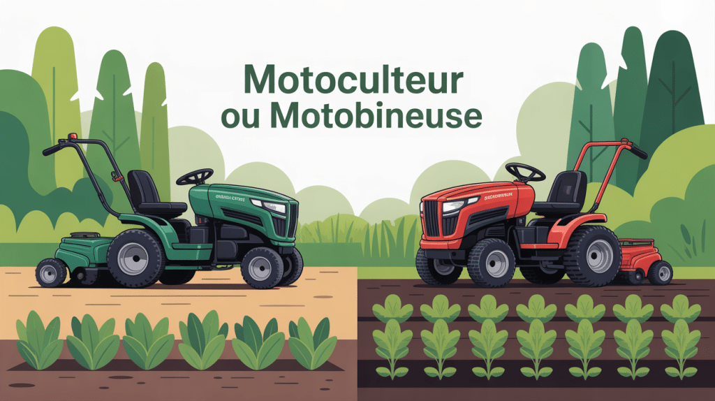 Illustration montrant la différence entre motoculteur et motobineuse en jardin
