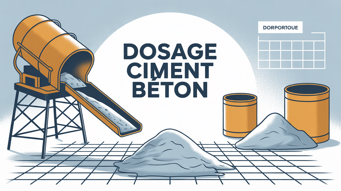Illustration dosage ciment beton sur chantier avec bétonnière et granulats