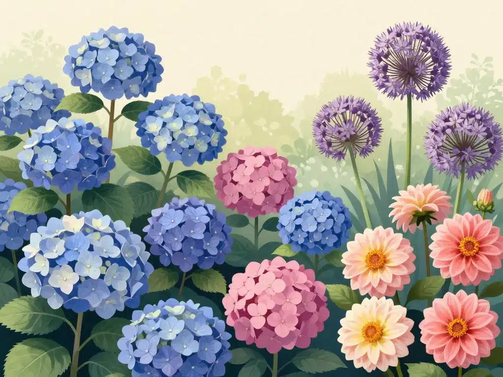 bouquet fleurs grosse boule hortensias alliums dahlias