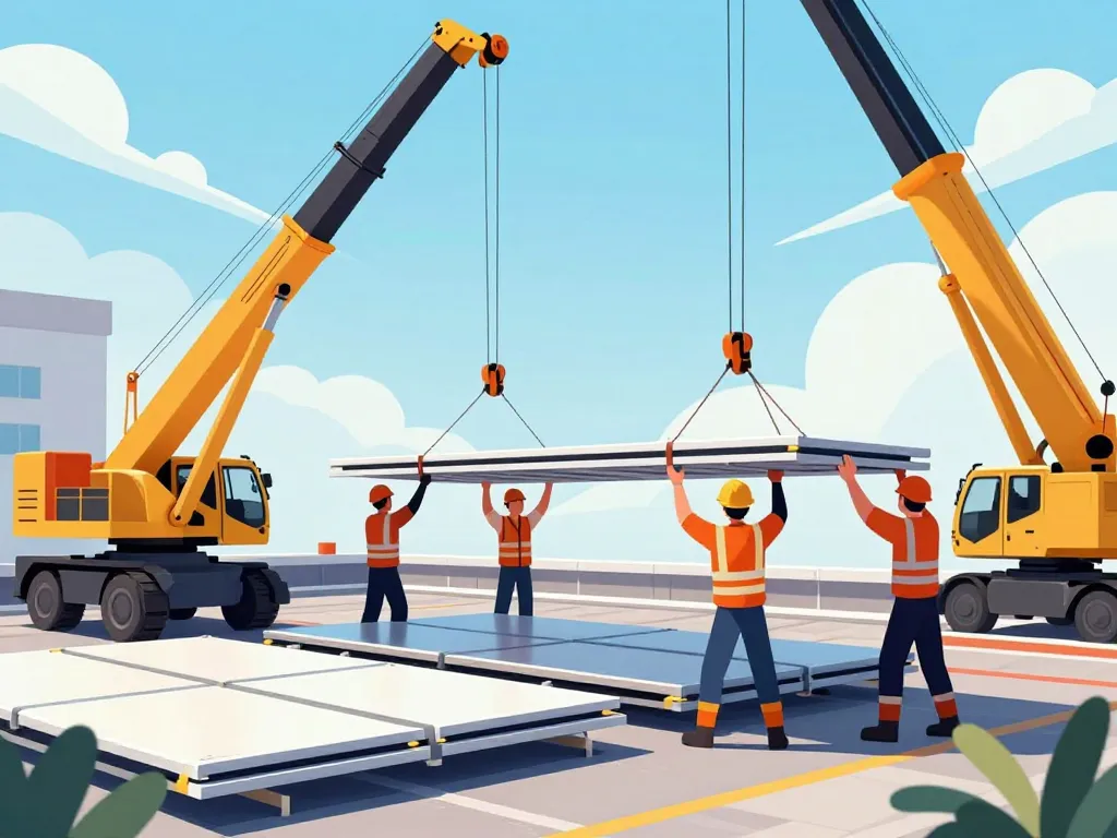 Sécurité chantier pose panneau sandwich toiture équipe