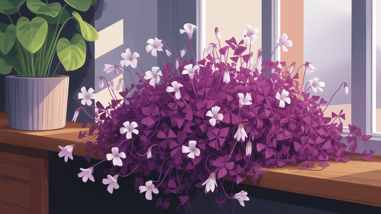 oxalis regnellii triangularis feuillage pourpre et fleurs dans un intérieur lumineux
