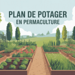 plan de potager permaculture en perspective avec arbres allées et éléments naturels