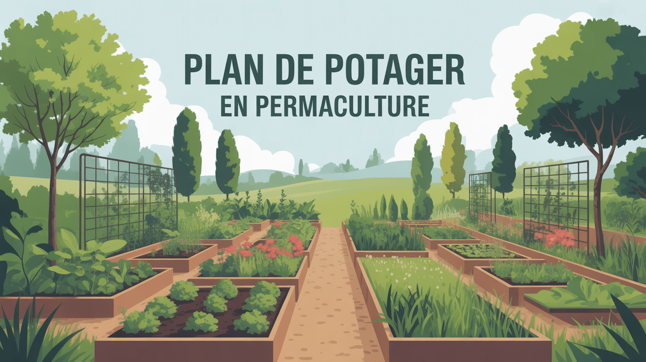 plan de potager permaculture en perspective avec arbres allées et éléments naturels