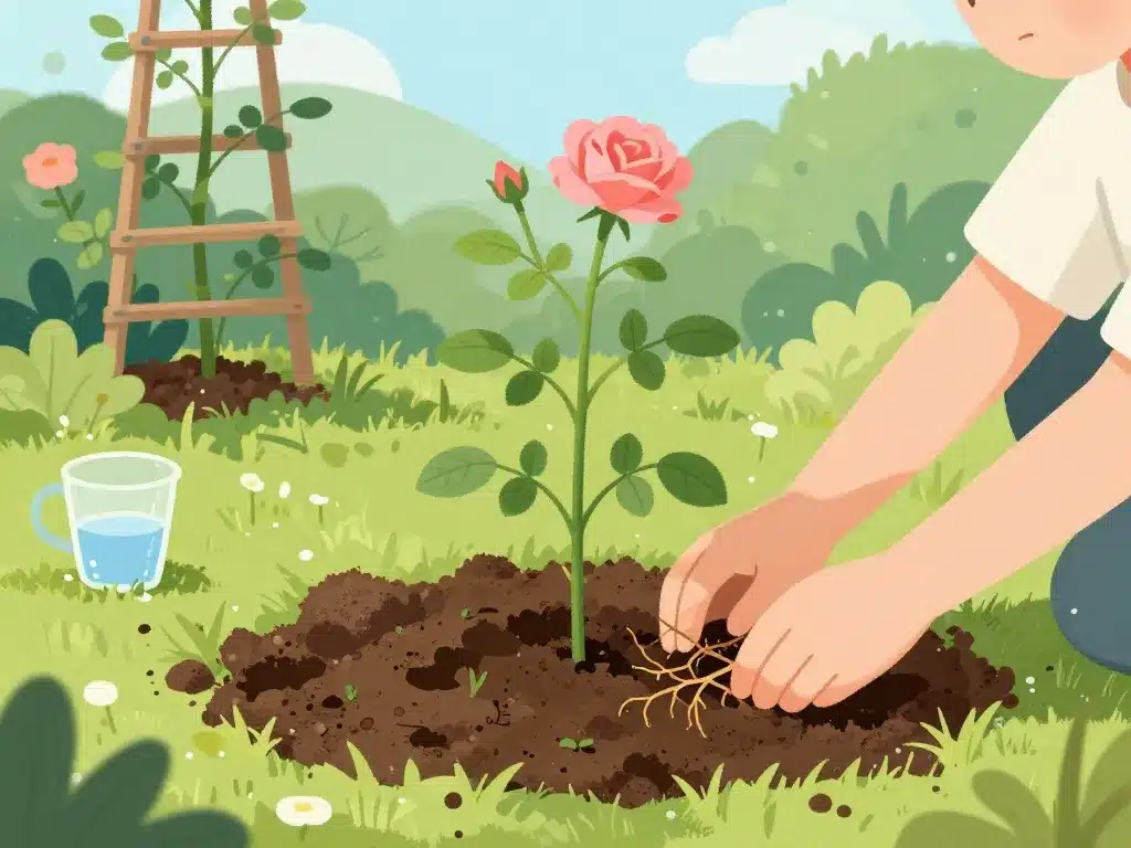 plantation rosa eden rose rosier technique trou support treillis