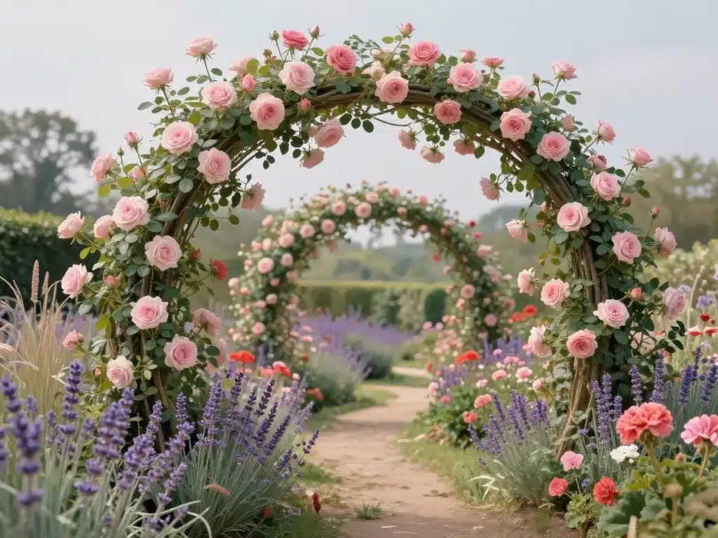 rosa eden rose rosier décoratif compagnes lavande géraniums jardin