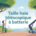 Illustration d'un taille haie télescopique à batterie utilisé dans un jardin