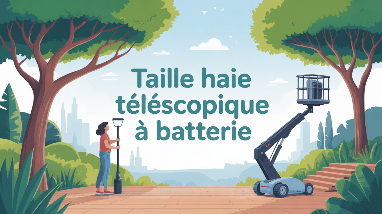 Illustration d'un taille haie télescopique à batterie utilisé dans un jardin