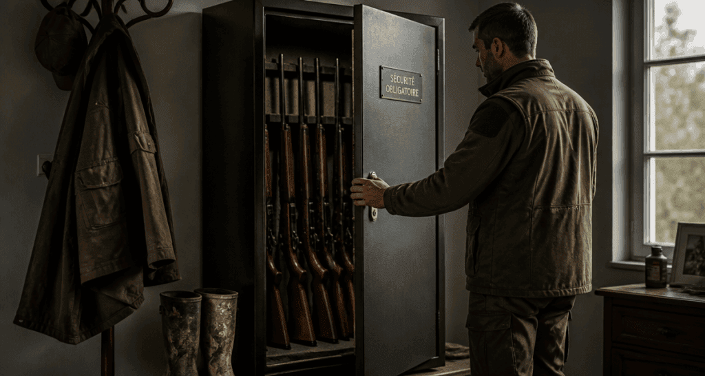 armoire à fusils sécurisée ouverte par chasseur