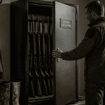 armoire à fusils sécurisée ouverte par chasseur