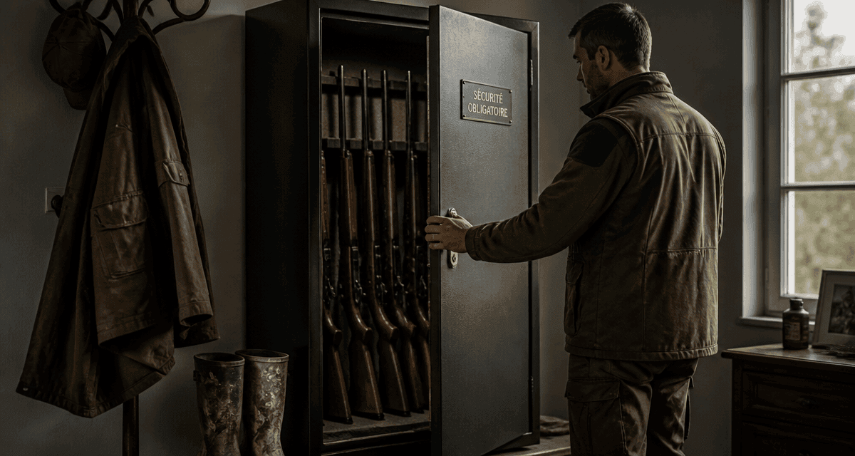 armoire à fusils sécurisée ouverte par chasseur