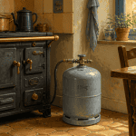bouteille de gaz gris près cuisinière