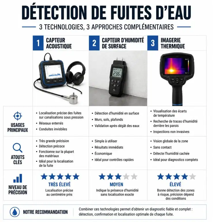 Comparatif des technologies de détecteurs de fuites d'eau : acoustique, surface et thermique.