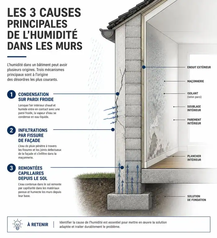 Schéma explicatif des causes de l'humidité sur un mur : condensation, infiltration et remontées capillaires.