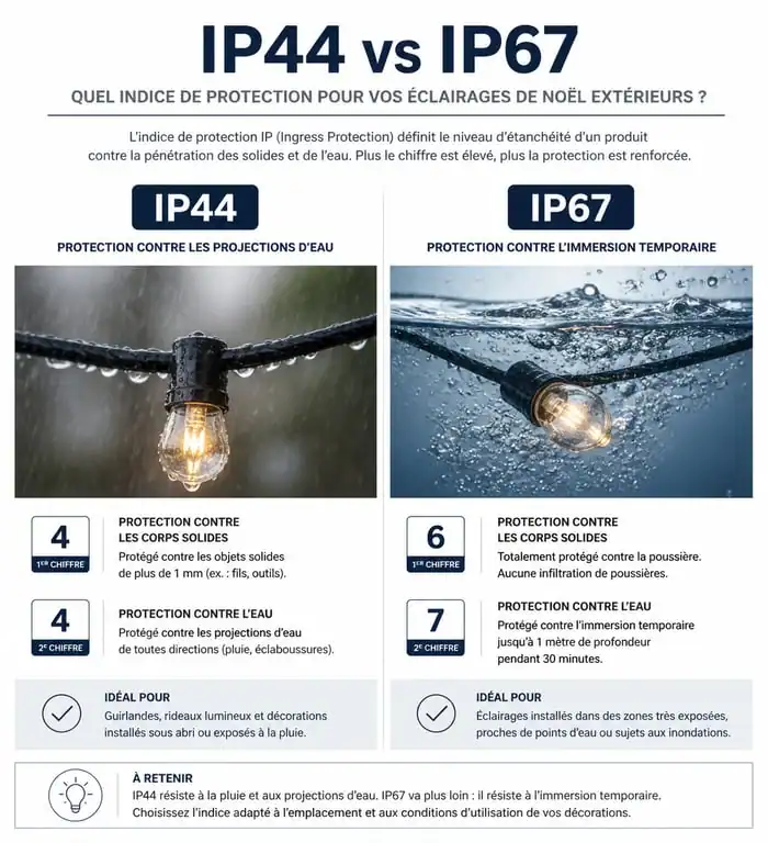 Infographie explicative des indices de protection IP pour la décoration de Noël extérieure
