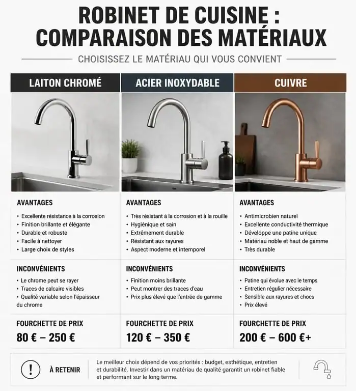 Comparatif des matériaux pour mélangeur robinet cuisine : laiton, inox et cuivre