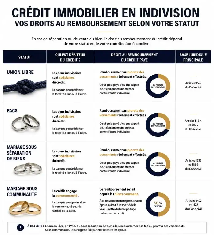 Tableau comparatif des droits au remboursement de crédit immobilier en indivision selon le régime matrimonial