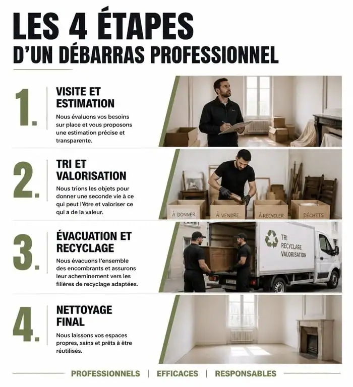 Infographie des étapes d'un service de débarras professionnel dans le Doubs