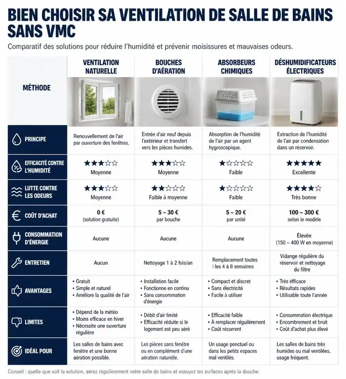 Comparatif des solutions pour ventiler une salle de bain sans VMC