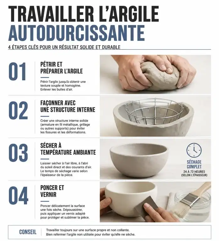 Infographie des étapes de modelage avec pâte autodurcissante