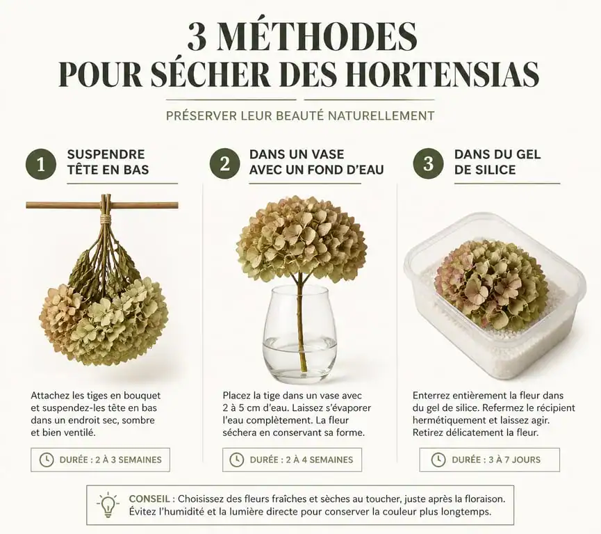 Trois méthodes pour faire sécher des hortensias : tête en bas, dans un vase ou avec du gel de silice.