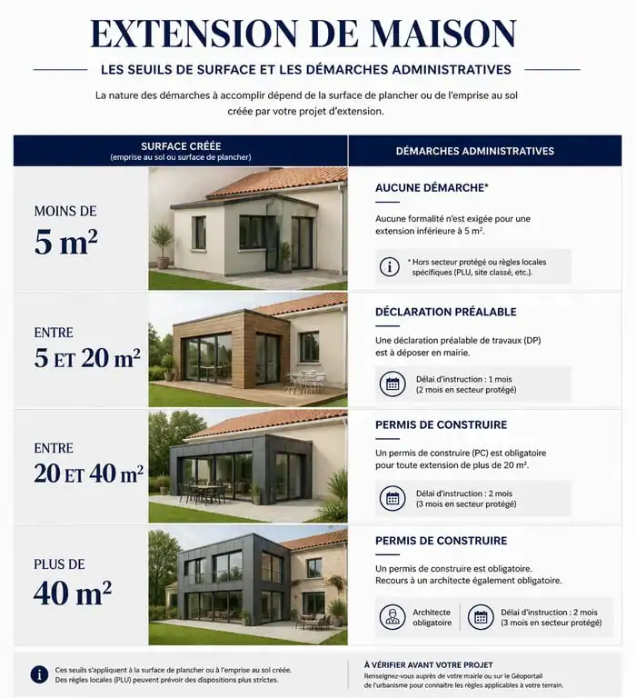 Infographie des seuils de surface et démarches administratives pour une extension de maison