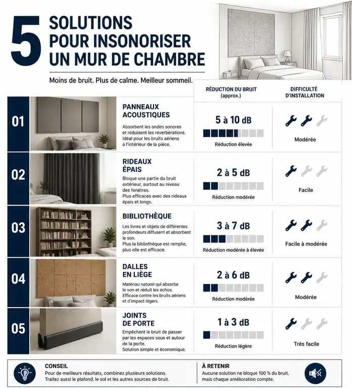 Infographie comparative des solutions d'isolation phonique mur chambre sans travaux