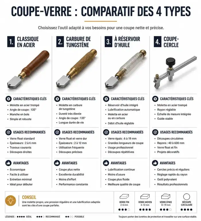 Comparatif des types d'outil à couper le verre : acier, carbure, huile et tournette