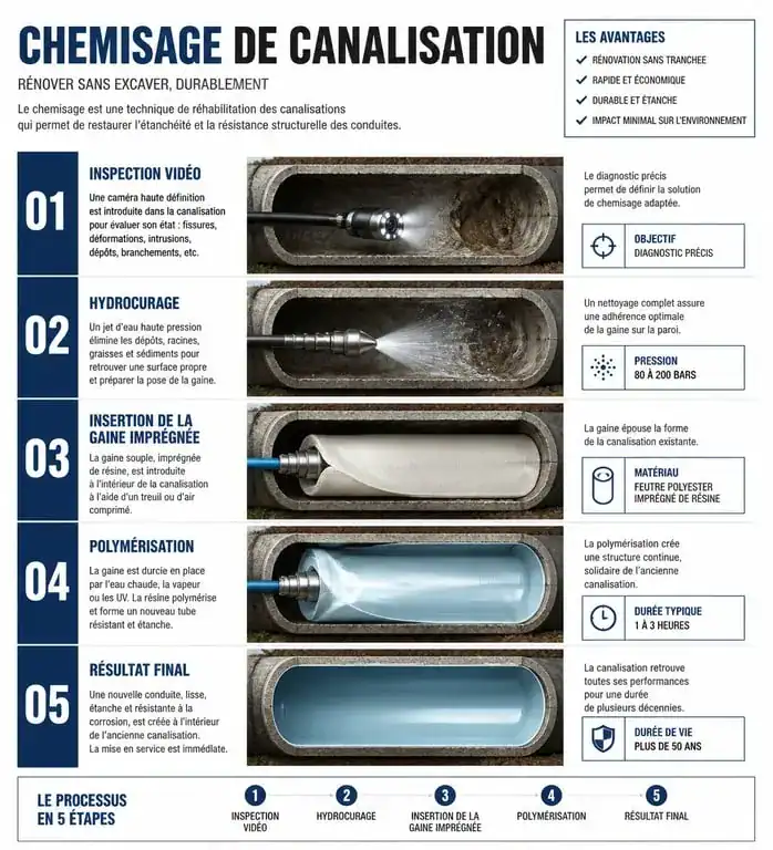 Infographie des étapes du chemisage de canalisations : de l'inspection à la réhabilitation sans tranchée