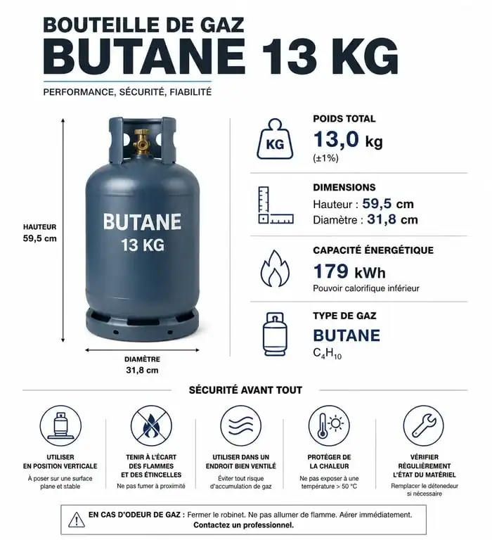 Infographie des caractéristiques techniques d'une bouteille de gaz gris 13 kg