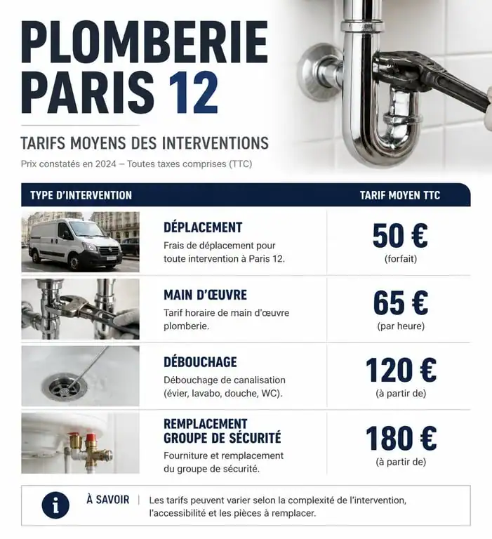 Tableau des tarifs moyens d'un plombier à Paris 12 pour des interventions urgentes