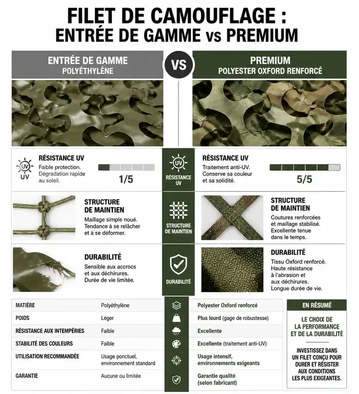 Comparatif technique filet de camouflage entrée de gamme et premium