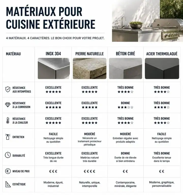 Comparatif des matériaux pour cuisine extérieure barbecue : Inox, Pierre, Béton et Acier