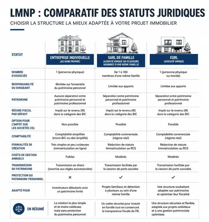Tableau comparatif des formes juridiques pour le statut LMNP : EI, SARL de famille et EURL