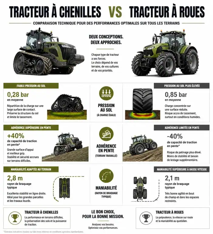 Infographie comparative : tracteur à chenille vs tracteur à roues pour l'agriculture