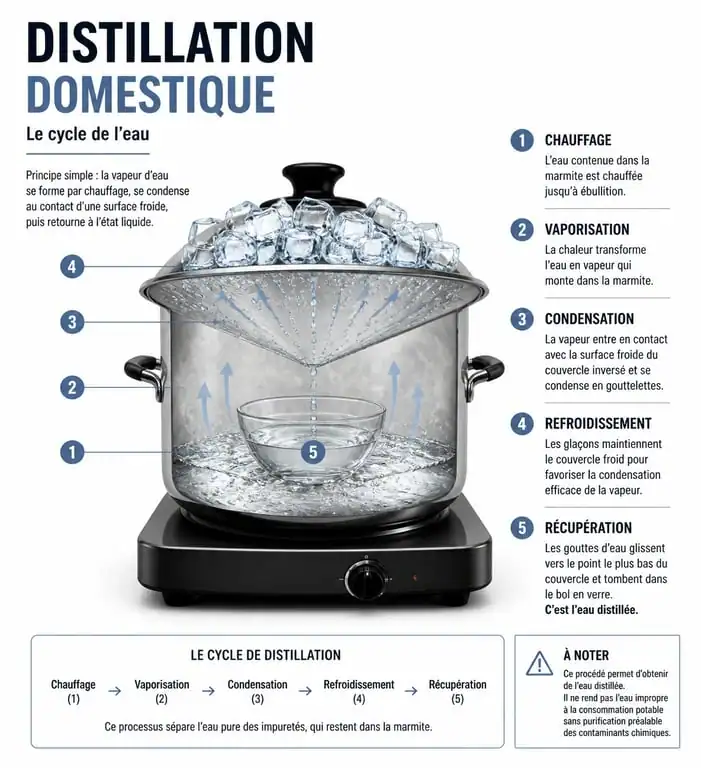 Schéma explicatif de la distillation domestique pour fabriquer de l'eau déminéralisée pour fer à repasser