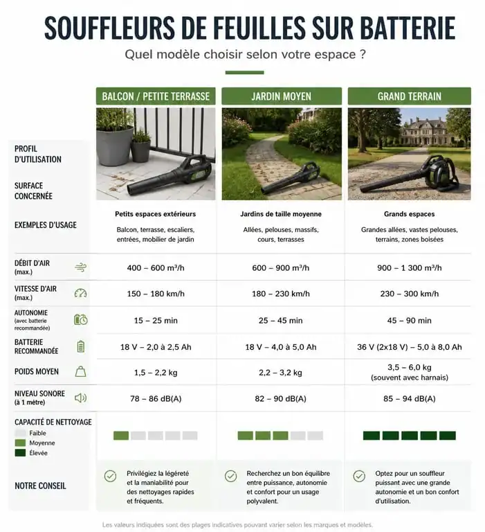 Infographie comparative des performances pour choisir le meilleur souffleur sur batterie selon la taille du jardin