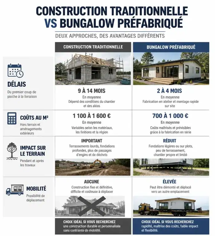 Comparatif construction traditionnelle vs bungalow préfabriqué