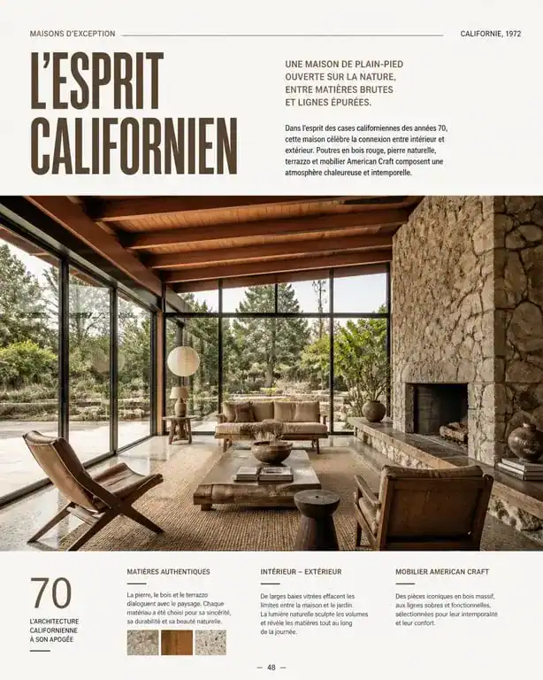Intérieur de maison californienne année 70 avec baies vitrées et poutres en bois rouge