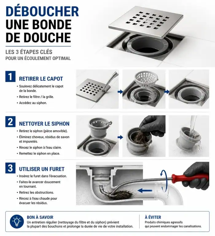 Schéma des étapes pour déboucher la douche efficacement