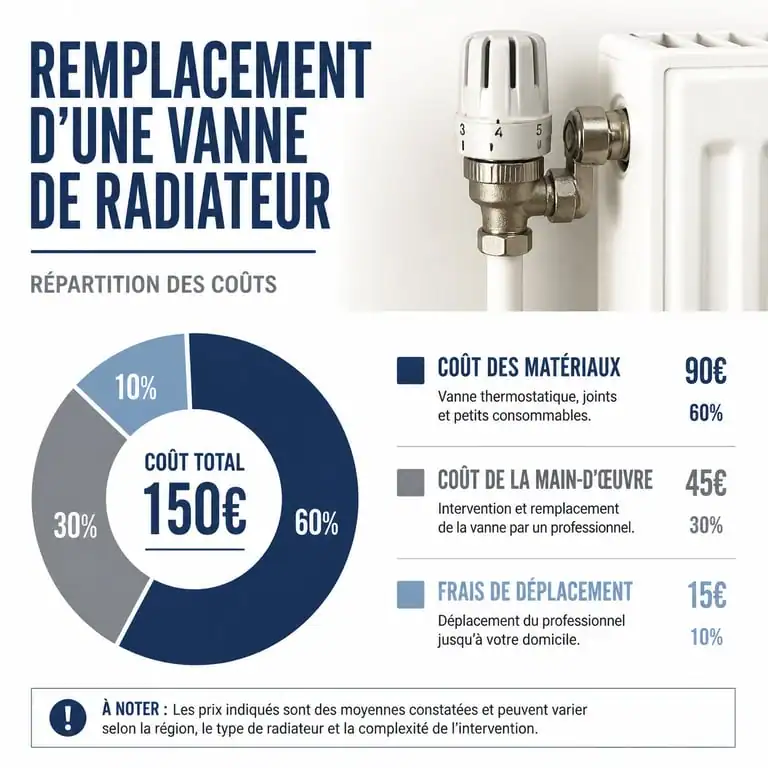 Graphique illustrant le prix d'un plombier pour changer un robinet de radiateur : coût des pièces, main-d'œuvre et déplacement