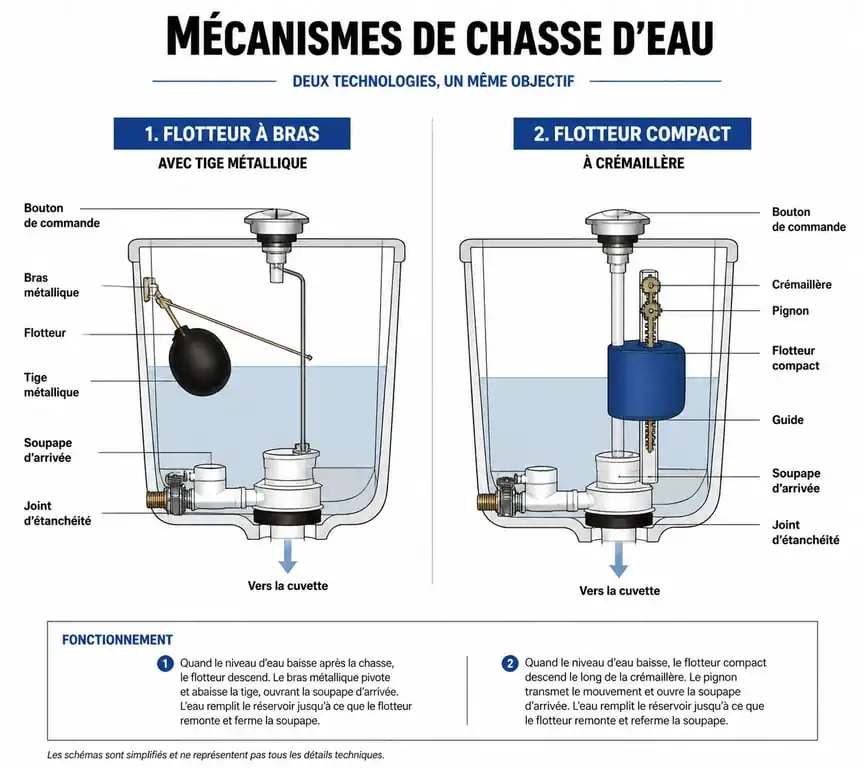 Schéma des différents types de flotteurs de chasse d'eau pour le réglage