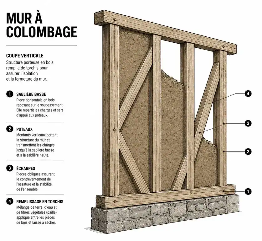 Schéma technique de la structure d'un mur à colombage