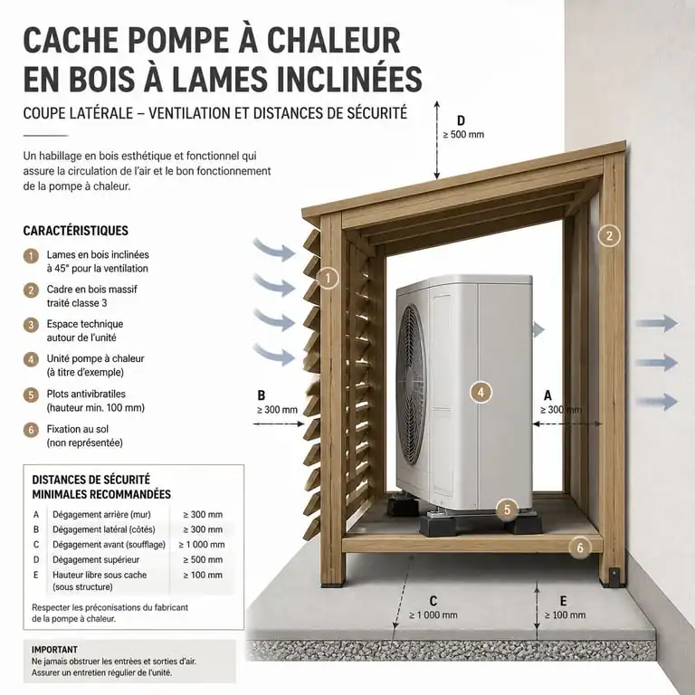 Schéma technique pour fabriquer un cache pompe à chaleur en bois avec ventilation optimisée