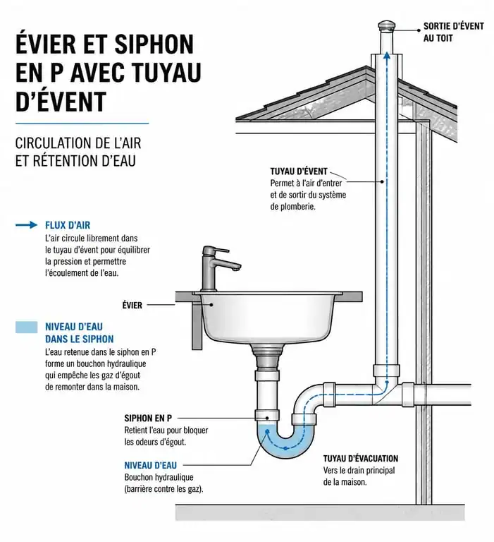Schéma de fonctionnement d'un évent de plomberie et d'un siphon