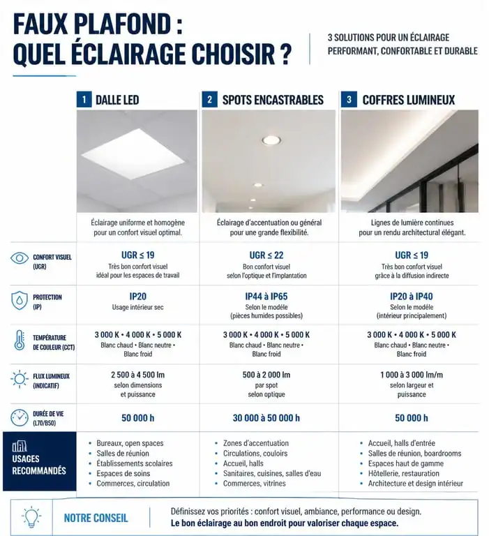 Infographie comparative des solutions d'éclairage pour faux plafond : dalle LED, spots et coffres lumineux.