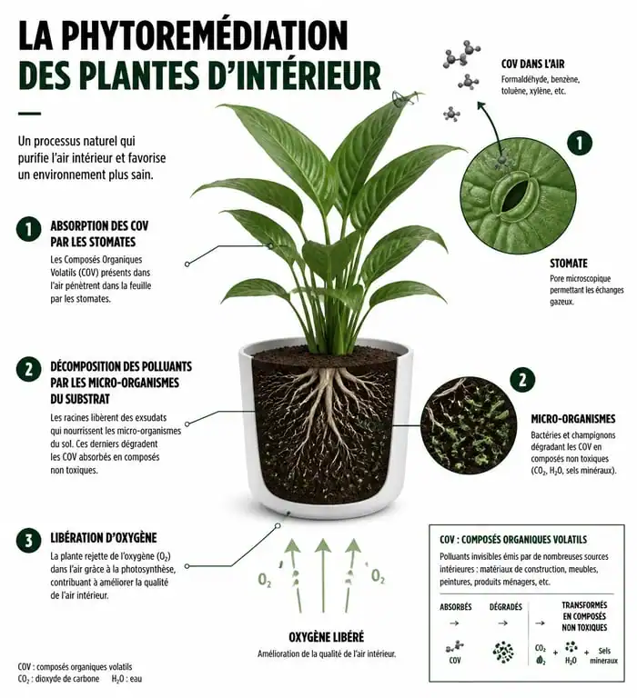 Schéma explicatif du mécanisme de dépollution des plantes d'intérieur par phytoremédiation