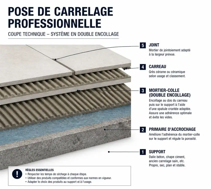 Schéma technique des étapes de pose pour réussir sa rénovation de carrelage