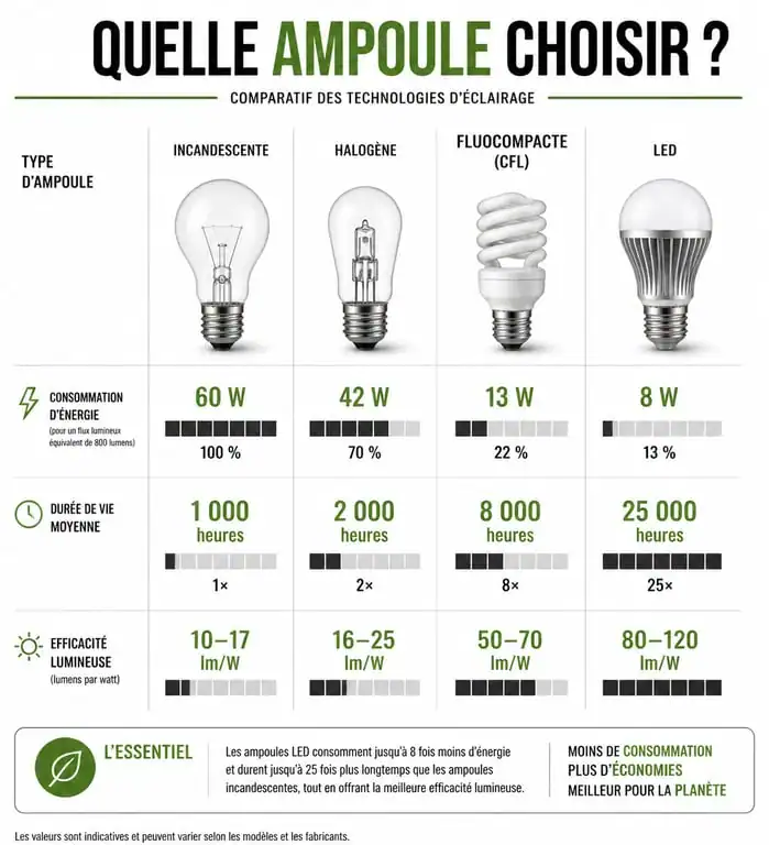 Infographie comparative des types d'ampoules : LED, fluocompacte, halogène et incandescence pour choisir son ampoule économique.