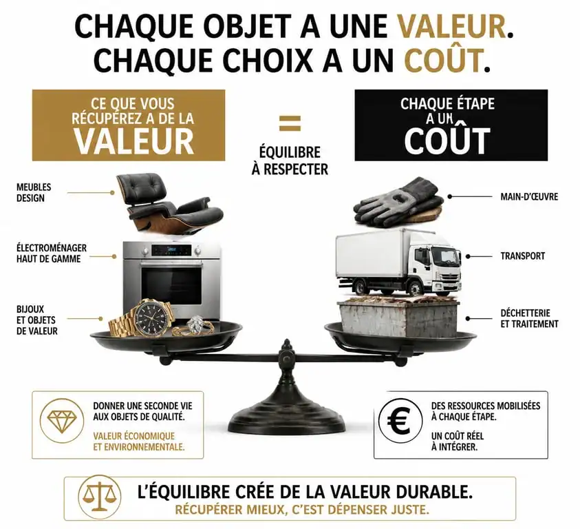 Infographie illustrant le fonctionnement du débarras gratuit : équilibre entre valeur des objets et coûts de prestation.