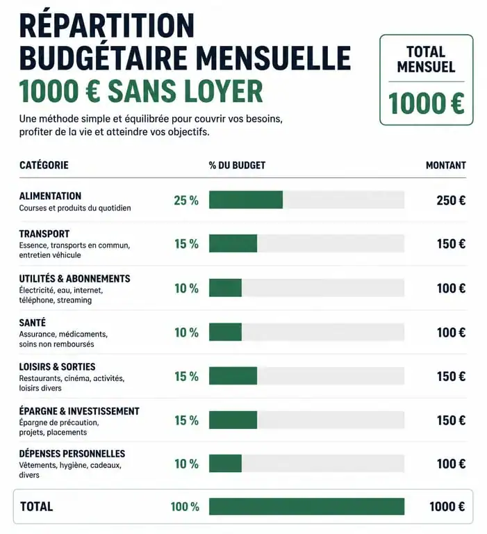 Répartition budgétaire pour vivre avec 1000 euros par mois sans loyer